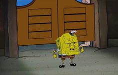 spongebob standing in front of an open door