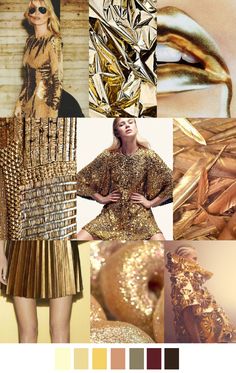 a collage of photos with gold and brown colors, including the image of a woman's face