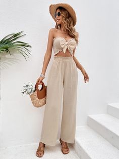 Albaricoque Bohemio Collar sin mangas  Liso  Embellished No-Elástico Split Hem Skirt, Vacation Outfits Women, Tube Jumpsuit, Style Savvy, Cropped Tube Top, Cami Crop Top, Vacation Outfits, Clothing Size Chart, Womens Clothing Sizes