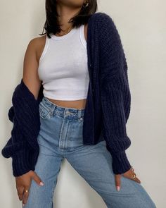 Navy Chunky Sweater Outfit, Tank With Cardigan Outfit, Navy Blue And White Outfits Casual, Cropped Cardigan Jeans Outfit, White Tank Blue Jeans Outfit, Denim And Cardigan Outfit, Navy Blue Cardigan Outfit Aesthetic, Cardigan And Jeans Outfit Aesthetic, White High Neck Tank Top Outfit