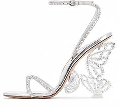 Silver Butterfly Heels, Stiletto Heels Sandals, Xv Ideas, Pointed High Heels, Butterfly Heels, Heels Strappy