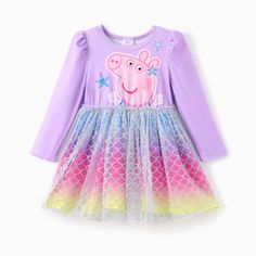 Toddler girls will love this officially licensed Peppa Pig merchandise featuring a set of four stunning dresses that includes pink and purple ombre dresses, blue dress with floral design, and a pink ombre dress. The unique digital print design of Peppa Pig and the ruffled ombre hemline with 3D flower decorations make this dress set a sweet and adorable addition to any occasion.
* Product features: Set of four dresses with Peppa Pig digital print
* Fabric characteristics: Nylon and spandex for stretch and comfort
* Piece of product: Dresses
* Neckline: Round
* Sleeves: Long sleeves
* Style: Ombre hemline with 3D flower decorations
* Fit: Regular
* Length: Knee-length Pink Ombre Dress, Ombre Dresses, Peppa Pig Dress, Floral Mesh Dress, Character Pattern, Ombre Dress, Sleeves Style, Dresses Blue, Purple Ombre