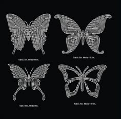 four different types of butterflies with dots on the wings and back, all in white