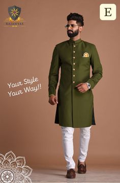 Elegant Pista Green Sherwani For Formal Occasions, Elegant Pista Green Nehru Jacket For Wedding, Formal Pista Green Fitted Bandhgala, Formal Fitted Pista Green Sherwani, Formal Fitted Traditional Wear In Pista Green, Fitted Long Bandhgala For Groom, Designer Green Traditional Wear For Wedding, Designer Green Bandhgala For Wedding, Fitted Green Traditional Wear For Ceremony