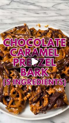 chocolate caramel pretzel bark recipe on a white plate