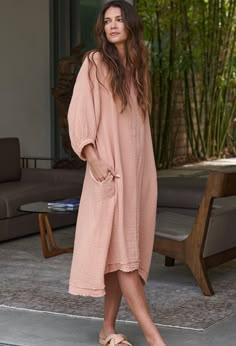 Sedona Gauze Dress with Pockets Organic Aesthetic Fashion, Flowy Casual Cotton Gauze Dress, Spring Beach Cotton Gauze Dress, Casual Cotton Gauze Long Sleeve Dress, Breezy Cotton Gauze Beach Dress, House Dresses Comfy, Muslin Fabric Dress, Cotton Gauze Clothing, Double Cotton Gauze Dress