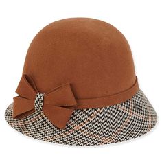 Adora® Wool Hat - Wool Felt Cloche with Houndstooth Brim Cloche Adora Hats AD1422A Brown OS Annie Jr, Hat With Bow, Wool Hats, 1920 Fashion, Soft Gamine, Hat Patterns To Sew, Chic Scarves, Church Hats, Cloche Hat