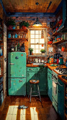 a painting of a green refrigerator in a kitchen