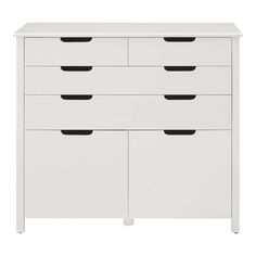 a white dresser with black handles and drawers