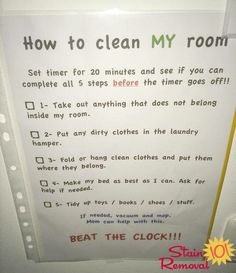 a sign posted on the side of a door that says how to clean my room