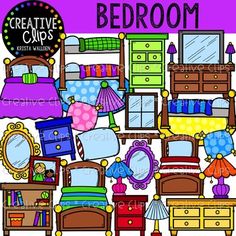 bedroom clipart with furniture and bedding in purple, green, yellow and blue colors