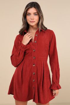 You'll definitely be in the spirit to sip a PSL when you slip into the Lulus Autumn Mood Rust Red Corduroy Mini Dress With Pockets! Soft corduroy shapes this must-have fall dress that features a collared neckline, a fitted bodice, and long sleeves with elasticized flared cuffs. A functional button placket that starts at the bodice continues through the banded waist (with elastic at back for fit) and down the skater-style skirt that boasts pleated detailing, side seam pockets, and a cute mini hem Corduroy Long Sleeve Dresses For Fall, Chic Fitted Corduroy Dress, Long Sleeve Corduroy Dress For Fall, Chic Corduroy Fall Dresses, What Is Trending Now, Lulu Fashion, Fall Dress, Skater Style, Style Skirt