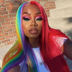 Rainbow Multi Colored Human Hair Wigs Unicorn Lace Front Wig T Part Wigs, Colored Human Hair Wigs, Rainbow Wig, Part Wigs, Rainbow Hair Color, Wig Styling, Red Wigs, Colored Wigs, Colorful Hair