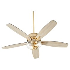 a ceiling fan with three wooden blades and a glass ball on the top of it