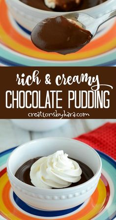 rich and creamy chocolate pudding with whipped cream in a white bowl on a colorful plate