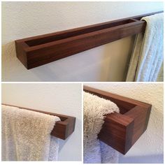 three pictures of towels hanging on a towel rack in the bathroom, and one showing how to make it look like wood