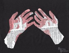 two hands holding each other in front of a black background with pink and white words