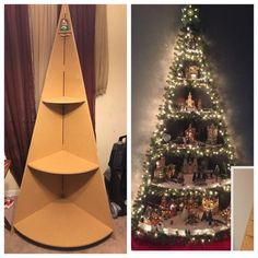 there are three different types of cardboard christmas trees in this collage, one is shaped like a pyramid and the other is made out of cardboard