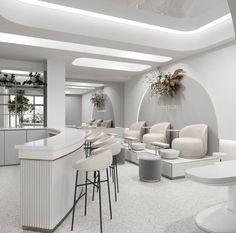 an empty waiting room with white chairs and bar stools in front of the counter