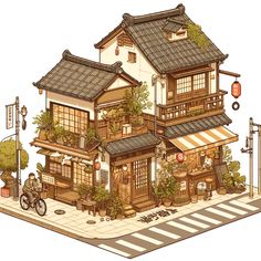 an illustration of a house with many windows and plants on the roof, along with a bicycle parked in front of it