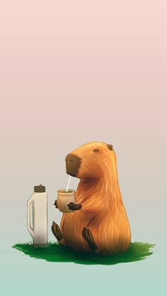 a cartoon beaver sitting on the ground next to a cup and a bottle with something in it