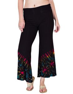 Carnival Hippie Pants in Black with Hand Tie Dye Effect | Multicoloured | Split-Skirts-Pants, Misses, Tie-Dye Black Wide-leg Pants For Yoga, Black Wide-leg Yoga Bottoms, Black Fitted Wide Leg Pants With Flared Hem, Fitted Black Wide Leg Pants With Flared Hem, Cotton Flare Pants For Festivals, Festival Flare Cotton Pants, Black Stretch Flares Casual Style, Black Full Length Yoga Pants For Spring, Black Full-length Yoga Pants For Spring