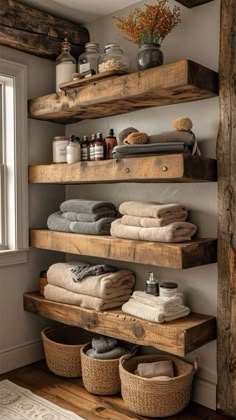 some shelves that have towels and other items on them