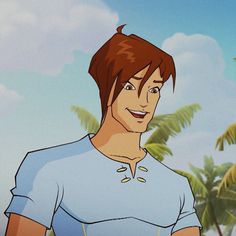 an animated man standing in front of palm trees with his hand on his hip and smiling