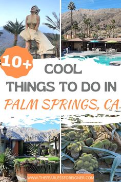 Marilyn Monroe Statue // Hotel pool with palm trees and mountains in the background // courtyard with palm trees and mountains in the background // cacti Downtown Palm Springs, Parker Palm Springs, Cool Things To Do, California Destinations, Spring Fun, Spring Vacation, Palm Desert