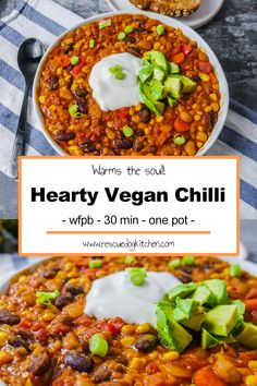 hearty vegan chilli with avocado and sour cream in the middle