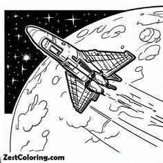 a black and white drawing of a space shuttle flying over the earth