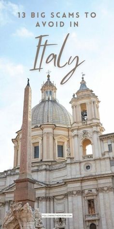 the front cover of a book with an image of a building in italy and text that reads 13 big scams to avoid in italy