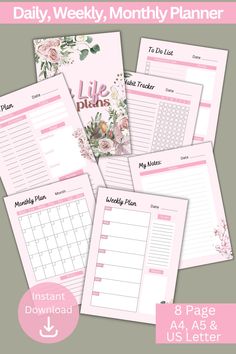 the printable daily planner is shown with pink flowers