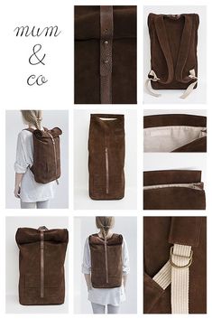 the back and side view of a brown backpack with multiple pockets, straps, and zippers