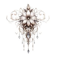 a drawing of a white flower with pearls and crystals hanging from it's center