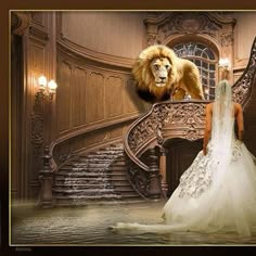 a woman standing in front of a staircase with a lion on it