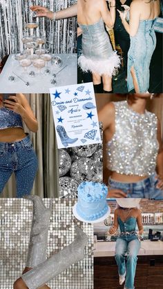 the collage shows two women in blue outfits and one is wearing silver sequins