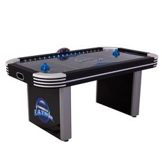 the air hockey table is shown in black and silver with blue lights on it's sides