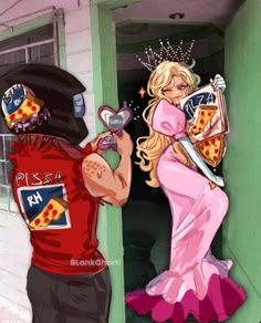 a man and woman dressed up as princesses in front of a building with pizza boxes on their heads