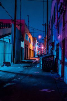 an alleyway at night with neon lights and graffiti on the walls, in front of buildings