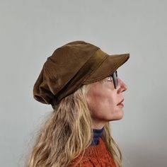 "A gorgeous loose fitting baker boy hat handmade from the finest quality brown cotton corduroy fabric.  Fully lined with a real silk print fabric.  The back of the hat is lightly elasticated for a truly comfortable fit.  This contemporary design is a sleek alternative to the traditional baker boy and  is very flattering and suits most people. freesize - will fit headsizes 21.5\" - 24.5\" (small - xlarge) To measure your head simply use a soft tape, start at the forehead work towards the nape of Brown Cotton Beanie Hat, Brown Cotton Hat For Fall, Adjustable Brown Brimmed Beret, Adjustable Brimmed Brown Beret, Brown Corduroy Cap, Boho Street Style, Baker Boy Hat, Natural Wavy Hair, Fall Fit