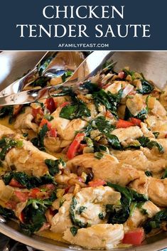 chicken tender saute with spinach and red peppers in a skillet