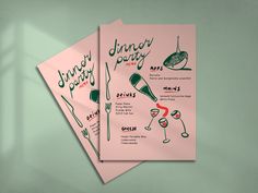 two menus for dinner party with green and pink designs on them against a light green background