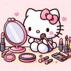 a hello kitty doll sitting on top of a table next to cosmetics and makeup products