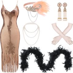 PRICES MAY VARY. Flapper Dresses and Accessories: you will receive 1 piece of champagne dress for women, 1 pair of earrings, 1 piece of pearl necklace, 1 piece of headwear, 1 piece of black feather boa, 1 pair of gloves, and 1 piece of plastic holder, nice combination for you to wear, you can wear them in suit or separately Delicate 1920s Costume: the champagne dress for women have plenty of sequins on the surface, which will shine under light, make you look more charming and attractive; And the 20s Outfits Women, 20s Halloween Costume, 1920s Outfit Ideas, Black Feather Boa, Gold Flapper Dress, Dresses 1920s Style, Flapper Costume Halloween, Flapper Halloween, Vintage Flapper Dress