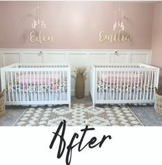 two cribs in a pink room with the words before and after painted on them