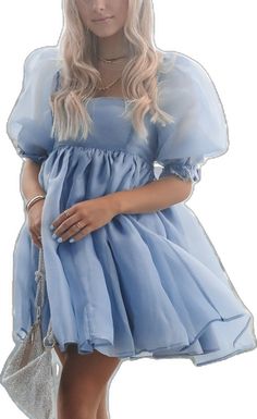 Light Blue Puffy Sleeve Dress, Cute Dresses With Puffy Sleeves, Icy Blue Dress Short, Light Blue Babydoll Dress, Pastel Colored Dresses, Blue Puff Sleeve Dress For Party, Cute Light Blue Puff Sleeve Mini Dress, Cute Light Blue Mini Dress With Puff Sleeves, Blue Tulle Dress Short