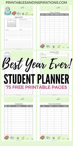 the best year ever student planner with free printable pages on it and text overlay