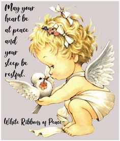 an angel holding a white bird with the words, may your heart be at peace and your sleep be restyle