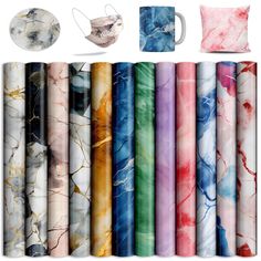 marble paper with different colors and designs on it, including one for the coffee mug